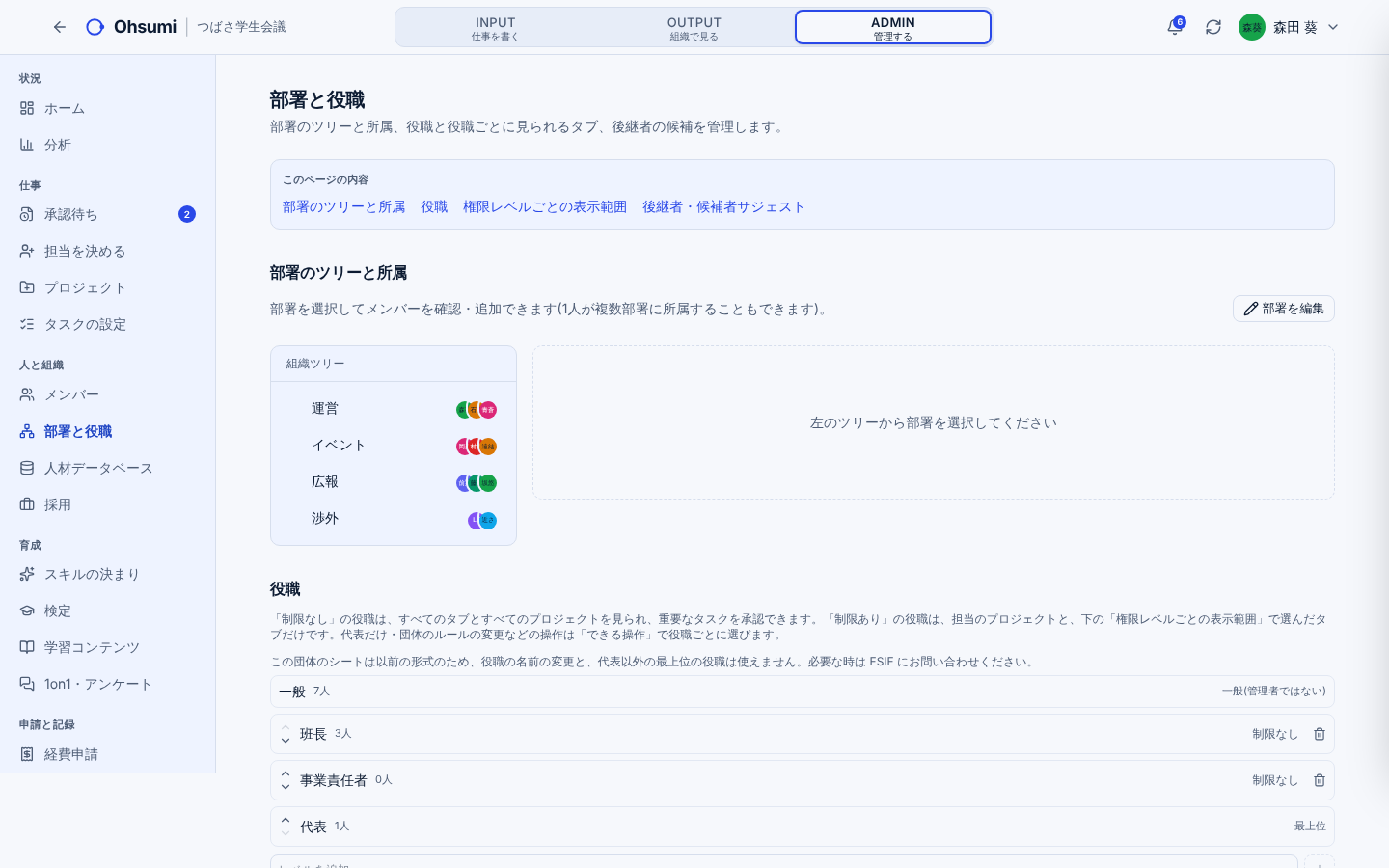 Ohsumiの管理・権限画面(サンプルのデータ)