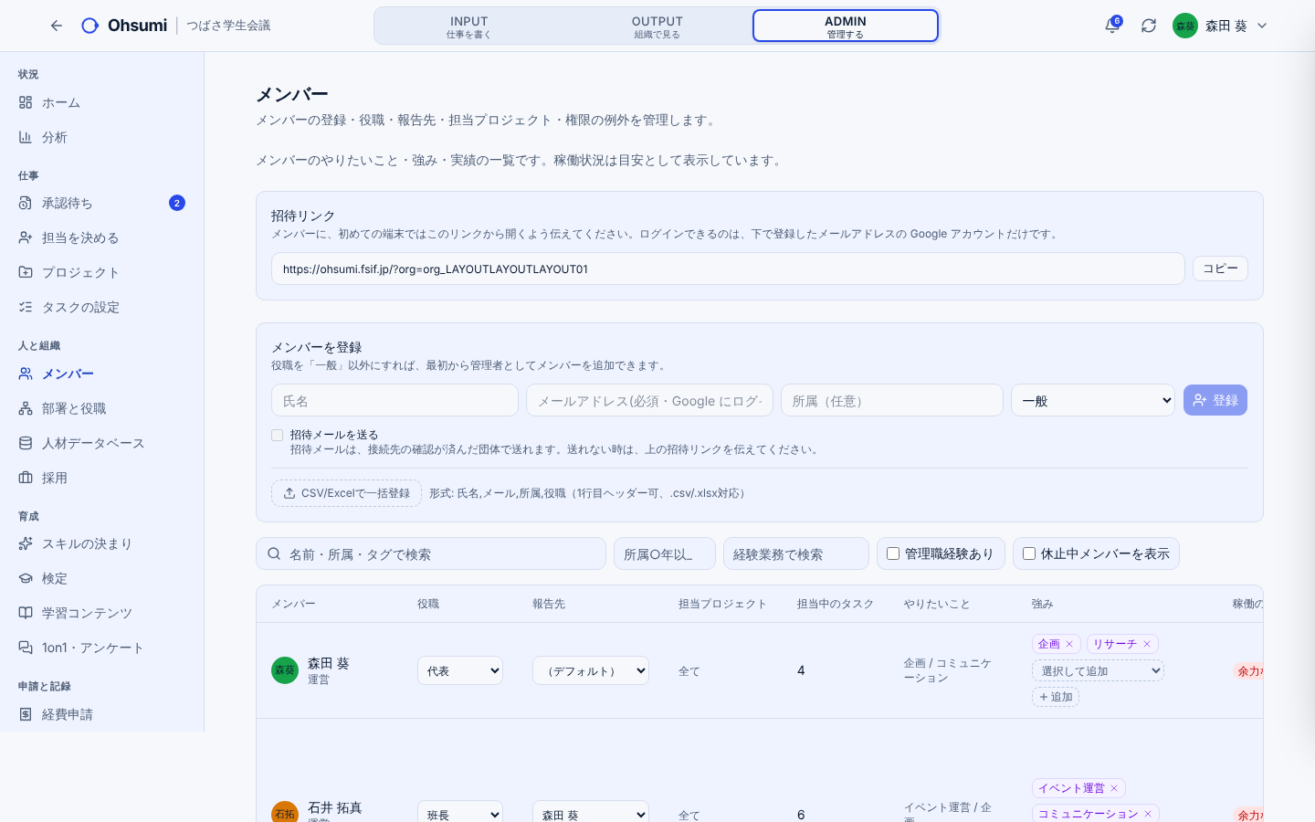 Ohsumiのメンバー一覧画面(サンプルのデータ)